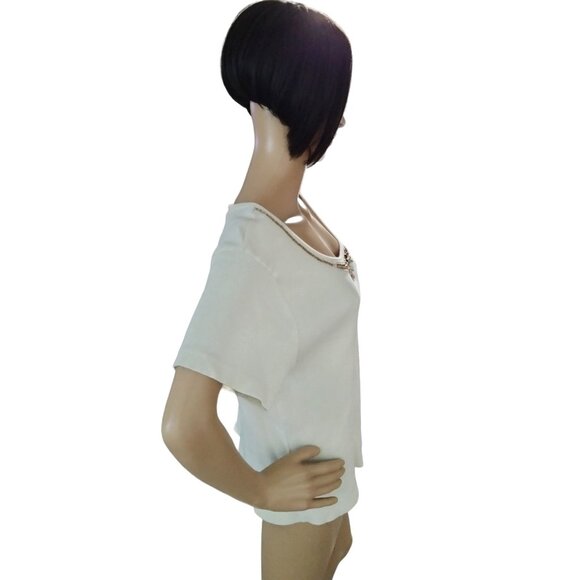 Uniform Woman Cream Short Sleeve Top Size 2X Beaded Embellished Scoop Neckline - Picture 6 of 8